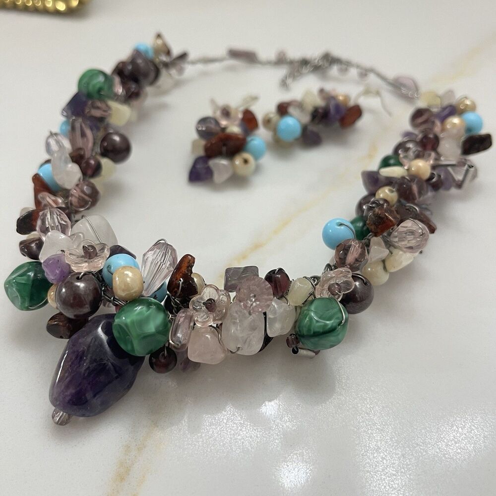 Handmade Artisan Gemstone Statement Necklace Earring Set Colorful Bold Dopamine
